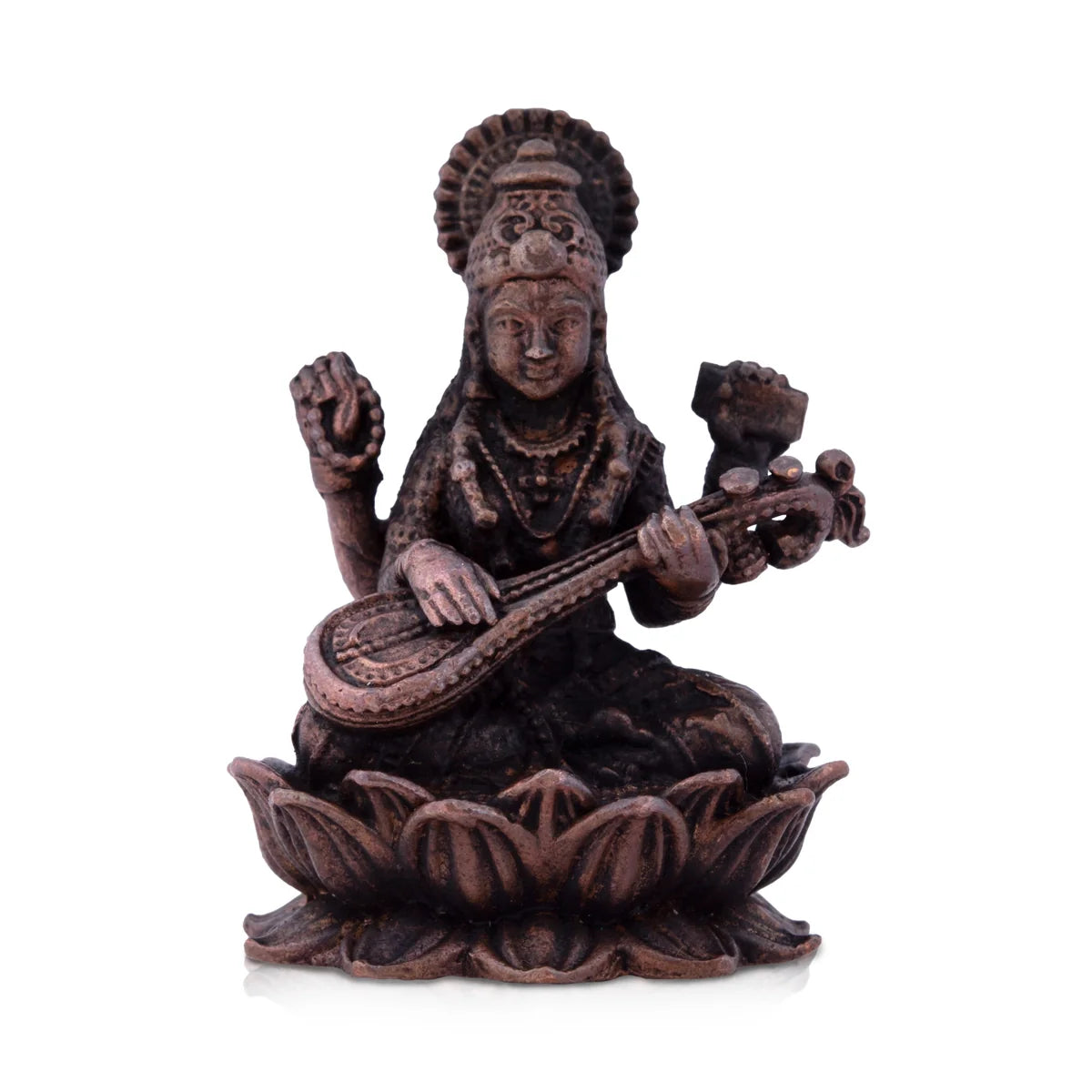 Minimalist brass sculpture-Saraswati Devi Statue - 2 x 1.25 Inches | Saraswati Statue Sitting On Lotus / Copper Idol/ Saraswathi Idol for Pooja/ 70 Gms Approx