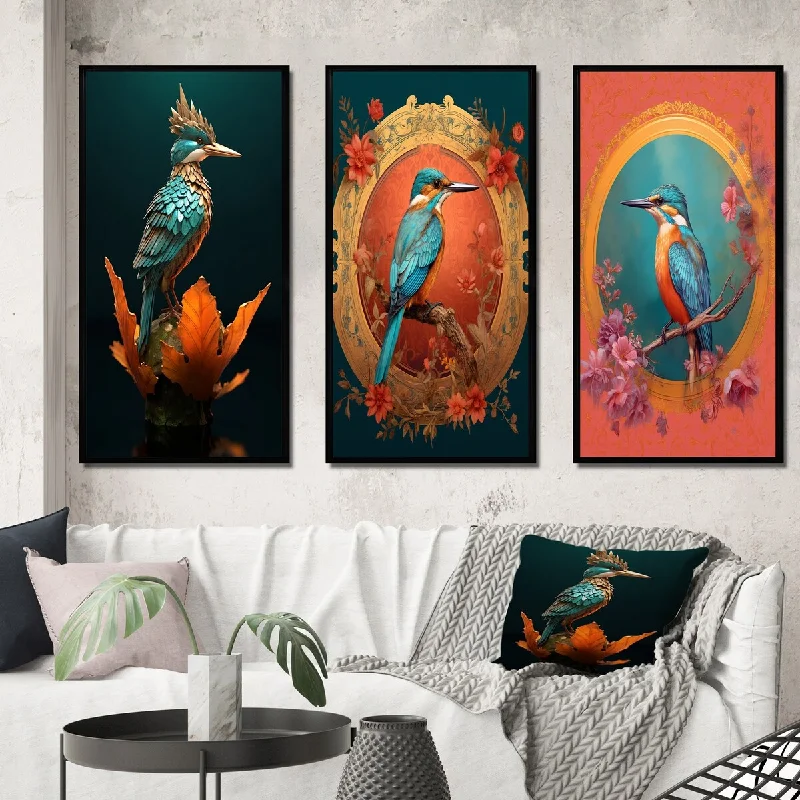 Wooden accent wall clock-Designart "Blue Kingfisher Nature Photography" Animals Bird Framed Wall Art Set Of 3 - Children's Art For Office Decor