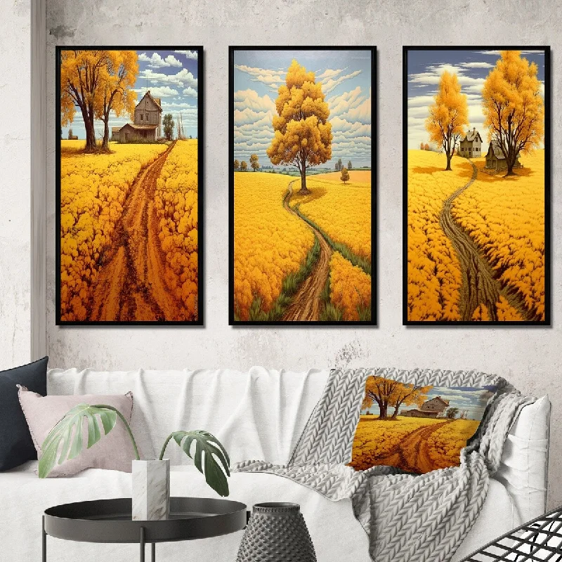 Glazed pottery centerpiece-Designart "Cottage Countryroad Golden Blossoming Fields IV" Meadow Frame Gallery Set Of 3 For Office Decor