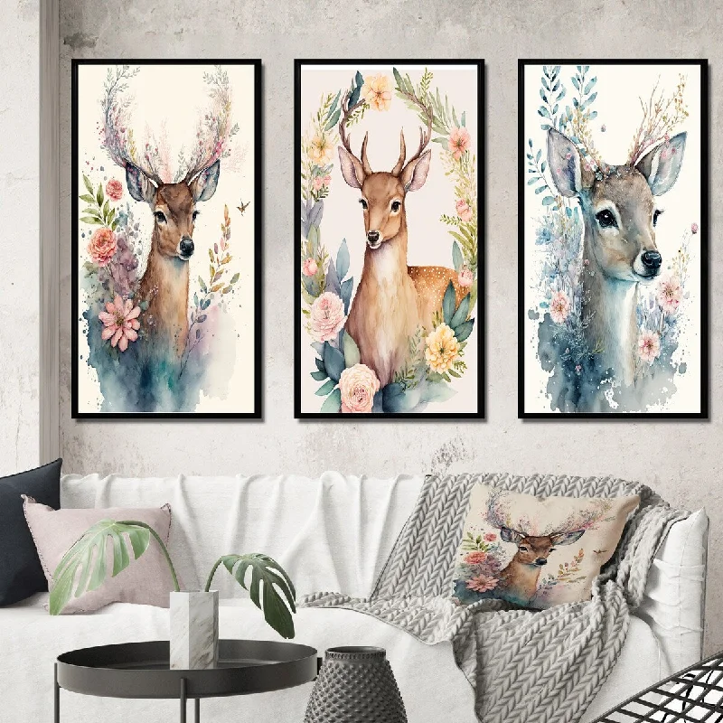 Ombre gradient vase-Designart "Cute Little Deer With Pink Flowers" Animal Landscape Frame Gallery Wall Set Of 3 For Home Decor