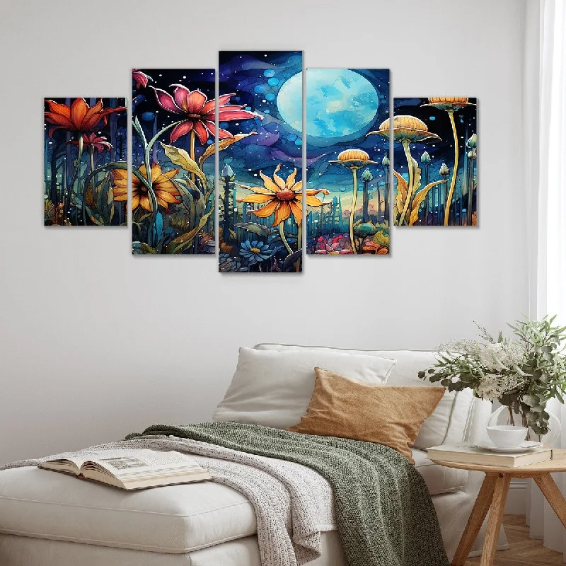 Speckled finish plant pot-Designart "Fantasy Mushroom Forest Dream II" Abstract Landscapes Set Of 5 Modern Oversized Canvas Art For Bedroom Decor