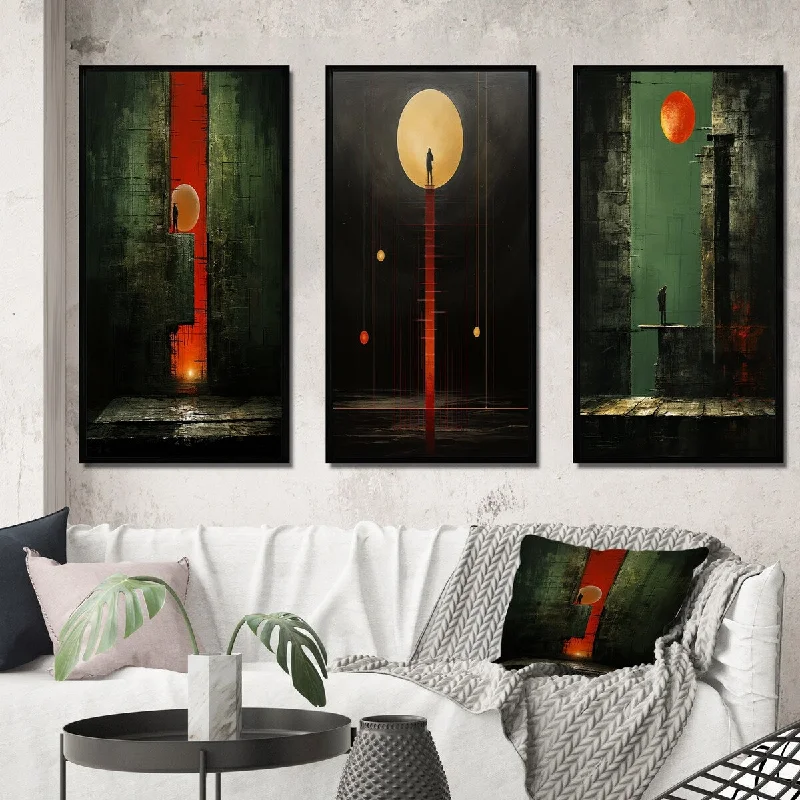 Rustic wooden picture frame-Designart "Full Moon Urban Solitude Retro Minimal IV" Modern Geometric Framed Wall Art Set Of 3 Modern For Office Decor