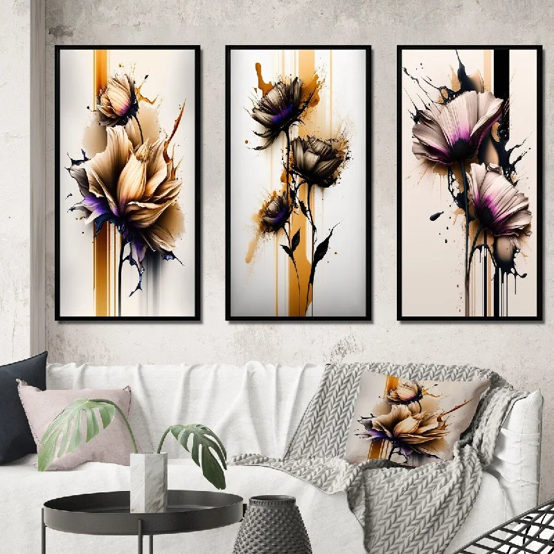 Holiday snow globe decor-Designart "Orange Dahlia Flower On Abstract Fusion IV" Floral & Botanical Frame Gallery Set Of 3 For Office Decor