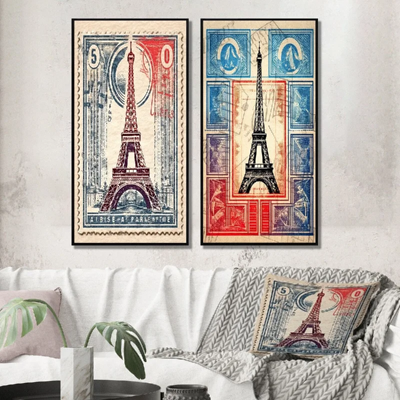 Hand-carved wooden statue-Designart "Retro Stamp Illustration Paris Eiffel Tower I" City Paris Wall Art Décor Gallery Wall Set For Home Decor