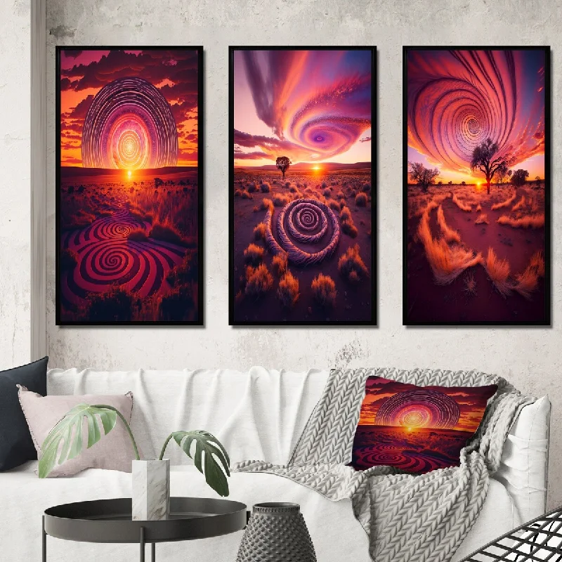 Eco-conscious bamboo tray-Designart "Vibrant Pink Stunning Sunset Spiral Land Art II" Storms Frame Gallery Set Of 3 For Office Decor