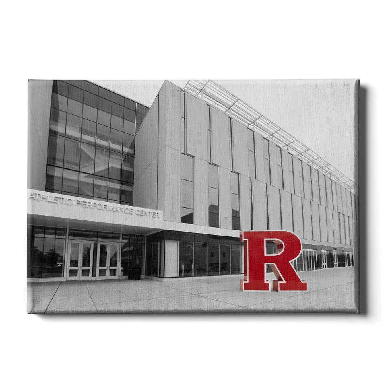 Handmade macrame plant hanger-Rutgers Scarlet Knights - Athletic Performance Center B&W with Scarlet R