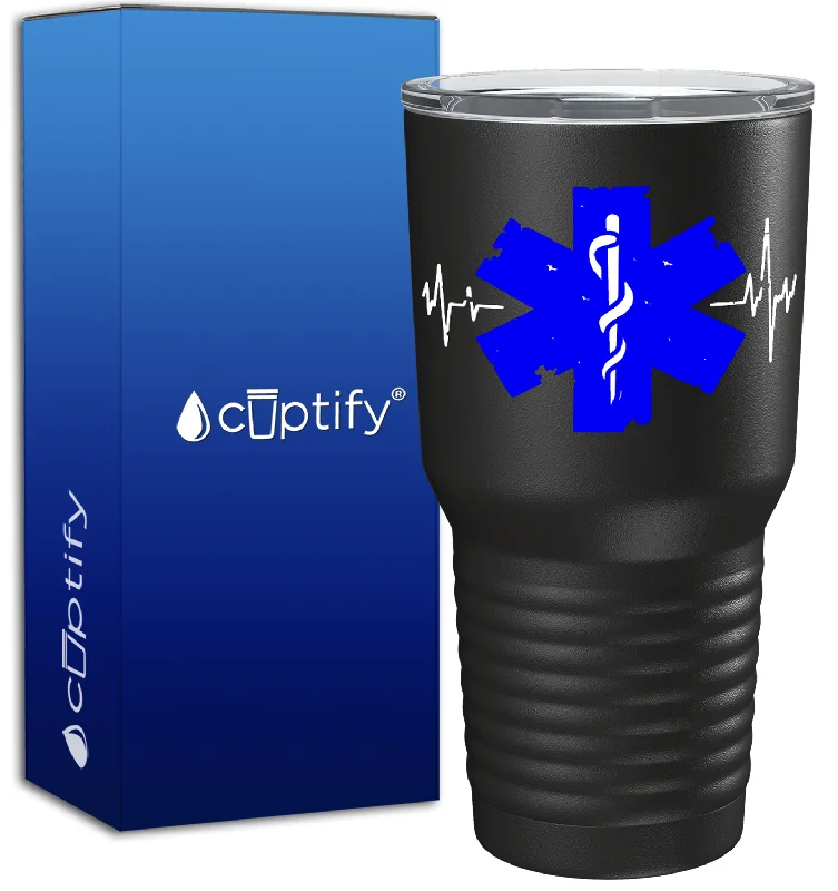 Sleek minimalist tumbler-EMT Blue Cadeucus Pulse of Life on 30oz Black Paramedic Tumbler