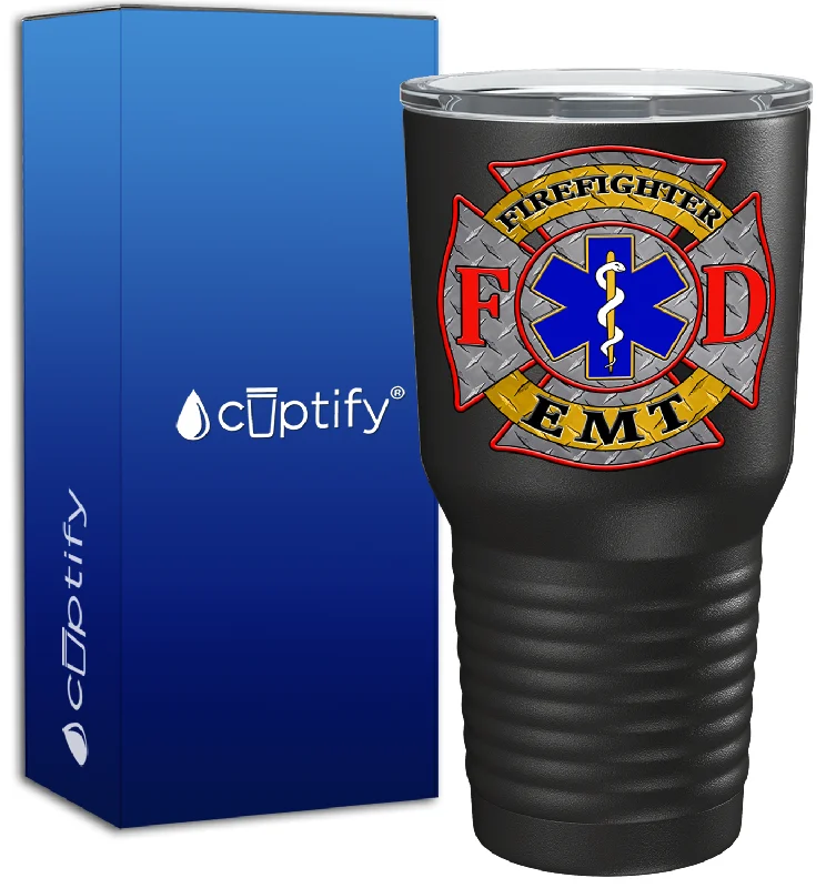 Sleek copper finish cup-EMT Firefighter FD Badge on 30oz Black Paramedic Tumbler