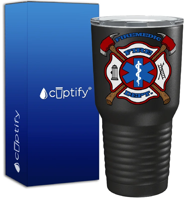 Blue and white porcelain cup-Firemedic Fire Department Badge on 30oz Black Paramedic Tumbler