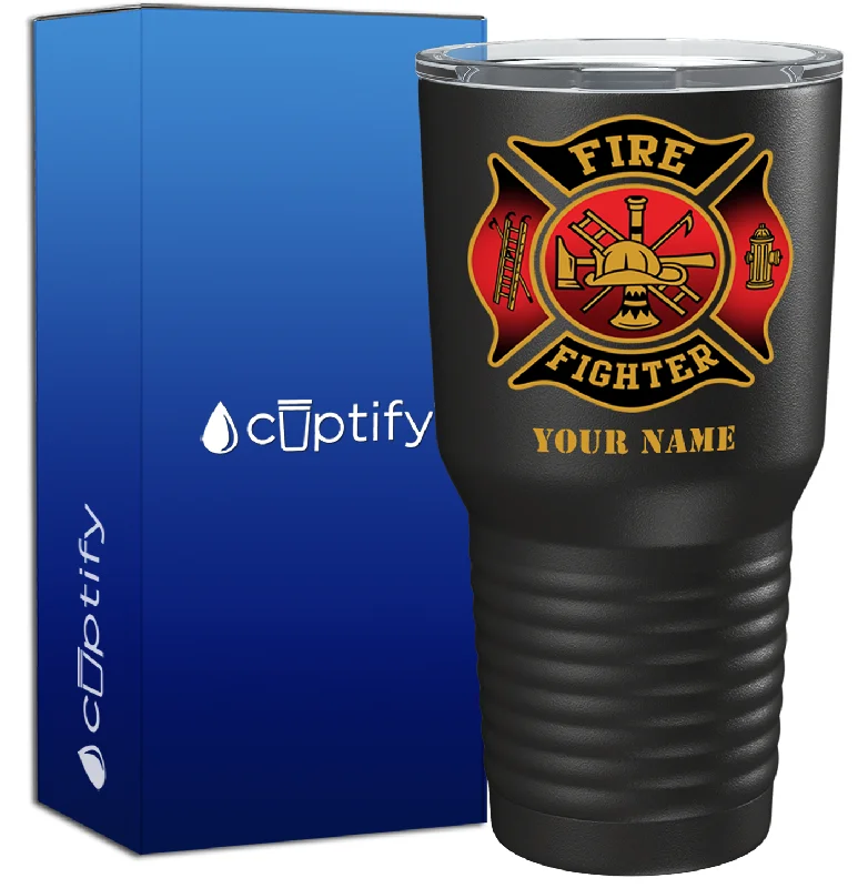 Lightweight aluminum tumbler-Personalized Black Red Fire Department Badge on Black 30oz Firefighter Tumbler