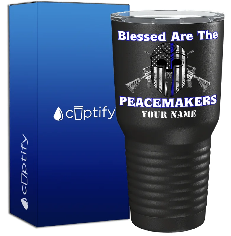 Modern ombre coffee cup-Personalized Blessed are the PeaceMakers Mask on Black 30oz Police Tumbler