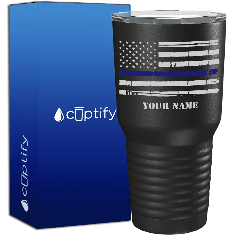 Elegant stemless wine cup-Personalized Distressed Thin Blue Line Police Flag on Black 30oz Police Tumbler