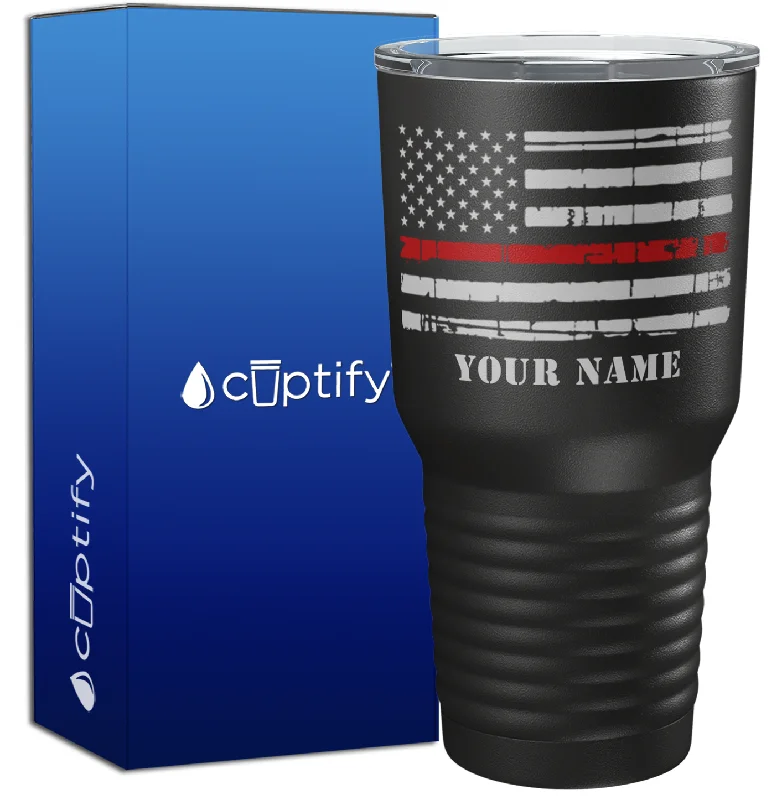 Heat-resistant borosilicate glass cup-Personalized Distressed Thin Red Line Flag on Black 30oz Firefighter Tumbler