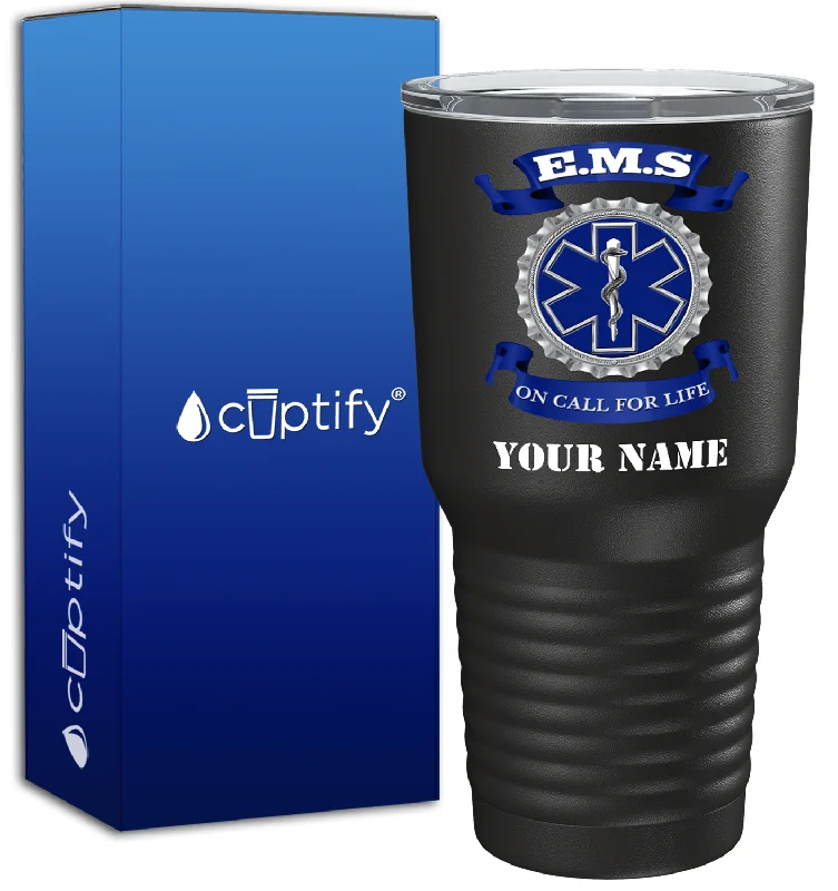 Ergonomic handle tea mug-Personalized EMS Blue on Call for LIFE on 30oz Black Paramedic Tumbler