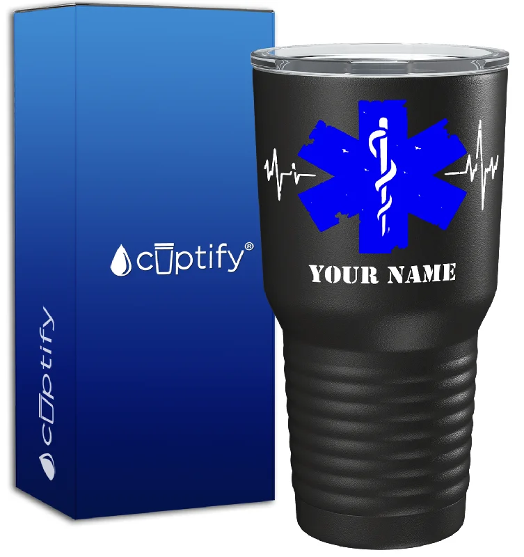 Handmade stoneware mug-Personalized EMT Blue Cadeucus Pulse of Life on 30oz Black Paramedic Tumbler