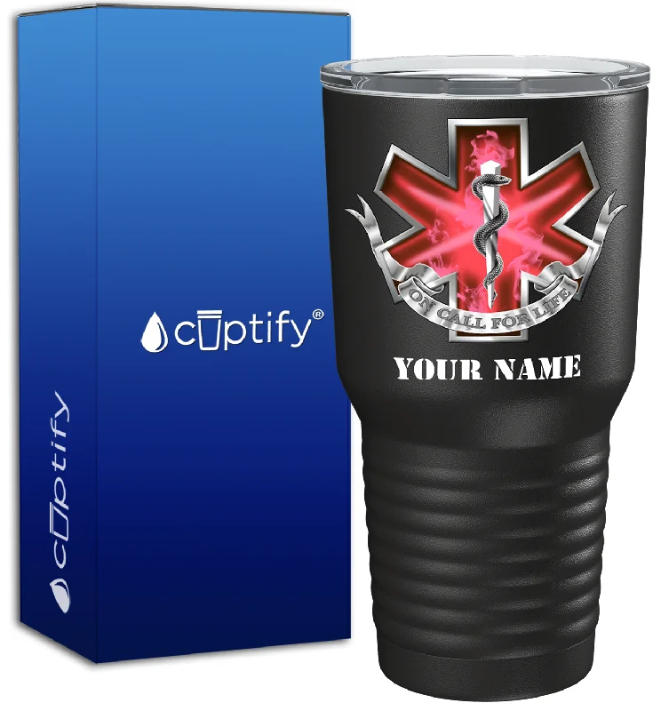 Artisan crafted clay cup-Personalized EMT EMS On Call for Life Red Badge on 30oz Black Paramedic Tumbler