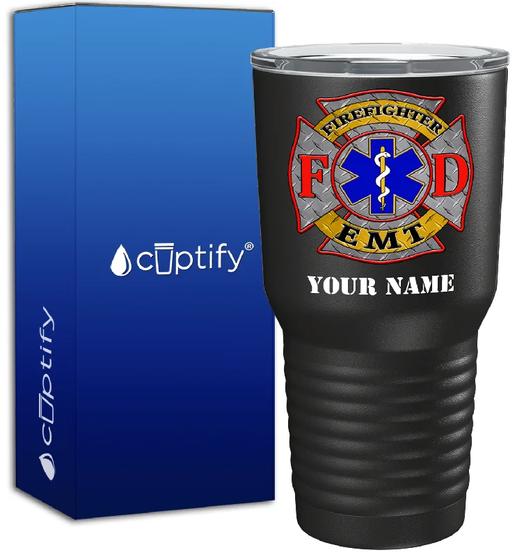 Wide base stability cup-Personalized EMT Firefighter FD Badge on 30oz Black Paramedic Tumbler