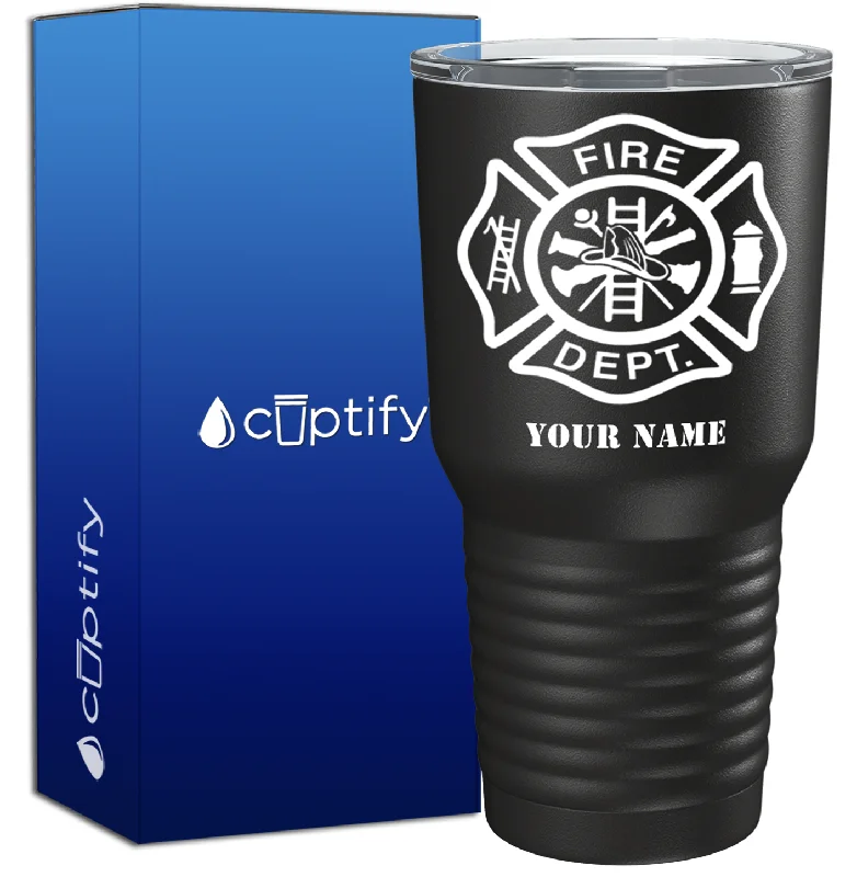 Holiday-themed ceramic mug-Personalized Fire Dept on Black 30oz Firefighter Tumbler