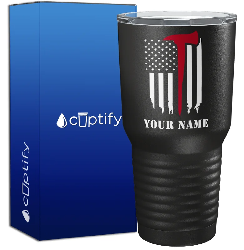 Portable camping coffee cup-Personalized Fireman Axe Thin Red Line Flag on Black 30oz Firefighter Tumbler