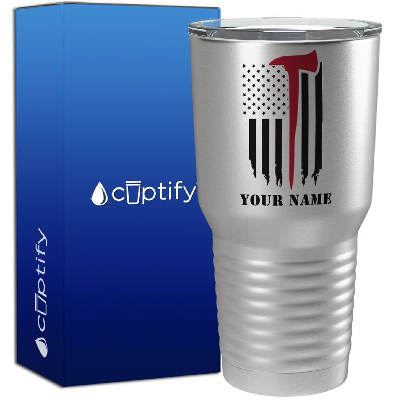 BPA-free plastic juice cup-Personalized Fireman Axe Thin Red Line Flag on Stainless 30oz Firefighter Tumbler