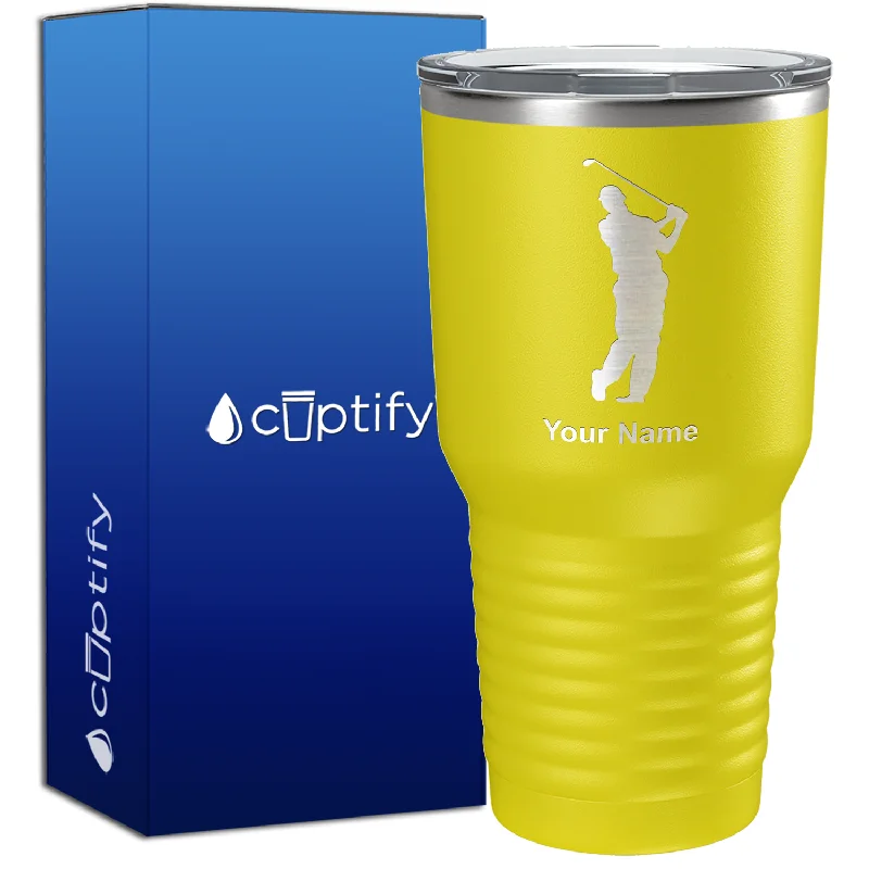 Portable camping coffee cup-Personalized Golf Player Silhouette 30oz Golf Tumbler