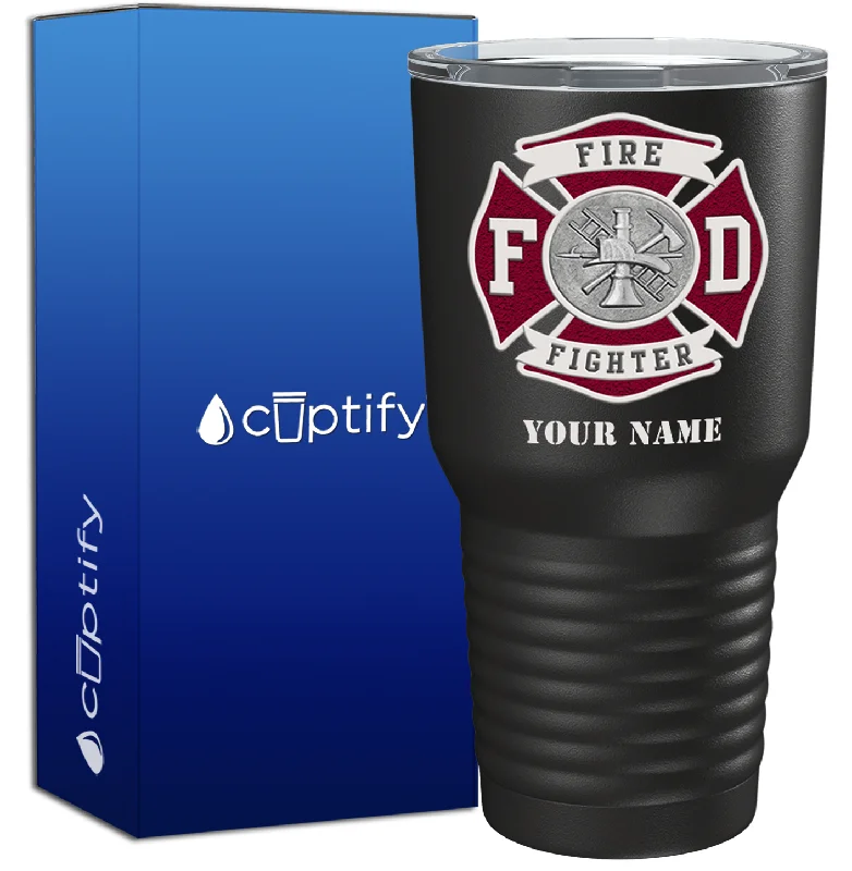 Hand-blown glass wine cup-Personalized Red Fire Department Badge on Black 30oz Firefighter Tumbler