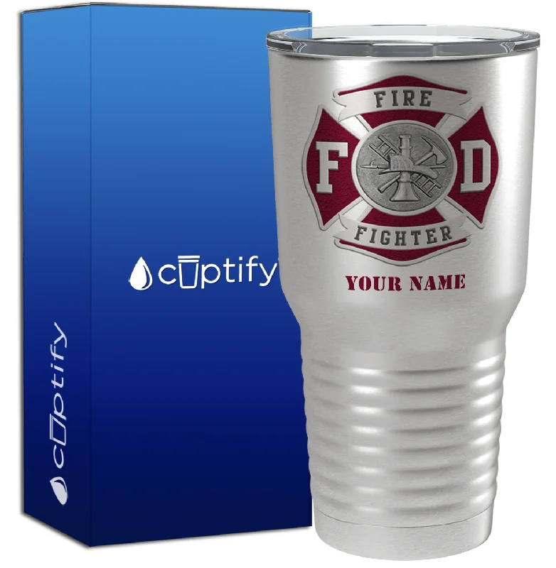 Insulated latte coffee cup-Personalized Red Fire Department Badge on Stainless 30oz Firefighter Tumbler