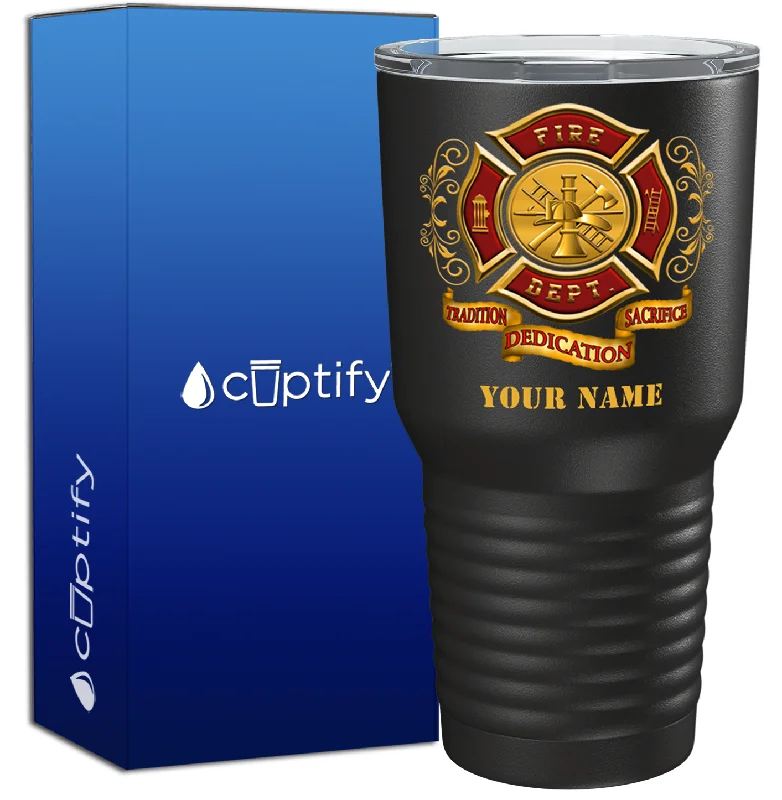 Marble effect ceramic mug-Personalized Red Gold Fire Department Badge on Black 30oz Firefighter Tumbler