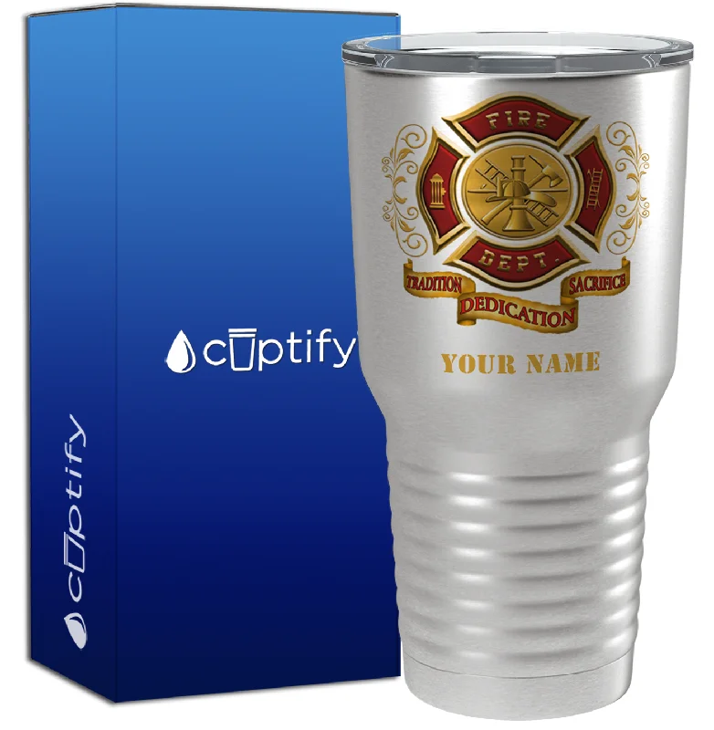 Elegant gold-rimmed glass cup-Personalized Red Gold Fire Department Badge on Stainless 30oz Firefighter Tumbler