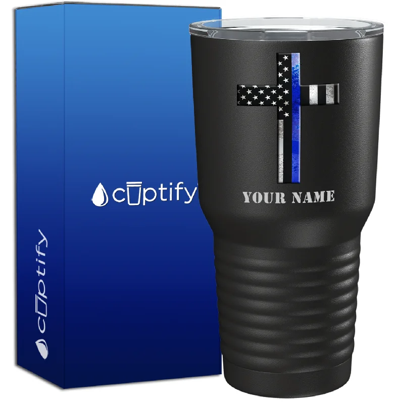 Spill-proof travel tumbler-Personalized Retro Thin Blue Line Cross on Black 30oz Police Tumbler