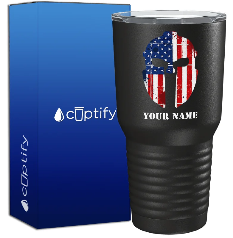 Sleek minimalist tumbler-Personalized Spartan Helmet American Flag on Black 30oz Police Tumbler