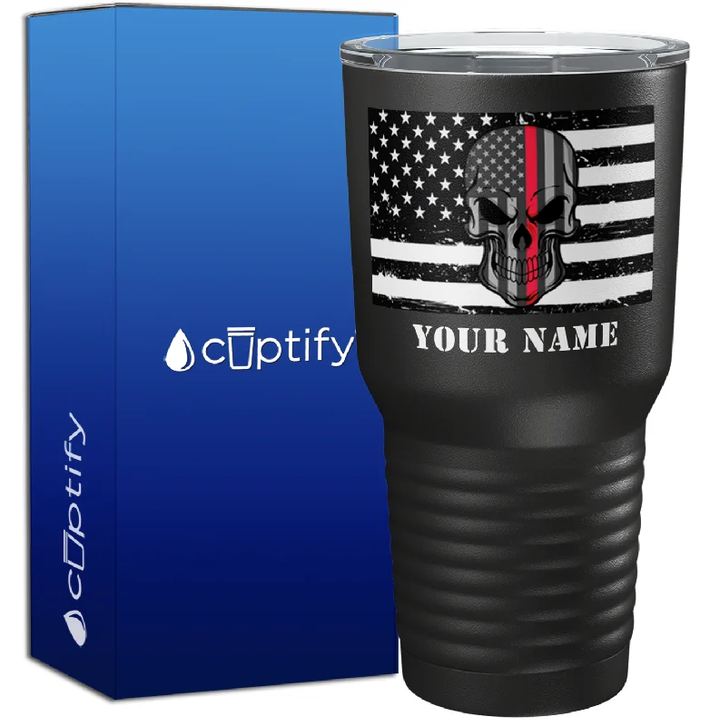 Modern geometric design mug-Personalized Thin Red Line Skull Flag on Black 30oz Firefighter Tumbler