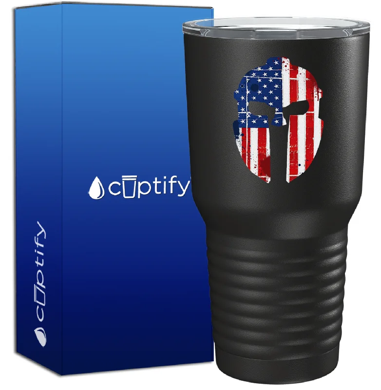 Travel thermos coffee cup-Spartan Helmet American Flag on Black 30oz Police Tumbler